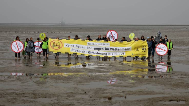 Eine Gruppe Menschen protestiert im Wattenmeer; sie halten ein Banner mit der Aufforderung, die Ölförderung bis 2030 zu beenden.