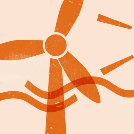 Illustration: Windkraftanlage, Wellenlinien sowie ein Sonnensymbol, auf dem die Erdkontinente erscheinen, grafisch-flächig dargestellt