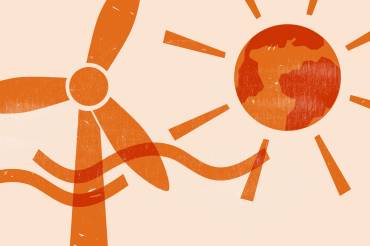 Illustration: Windkraftanlage, Wellenlinien sowie ein Sonnensymbol, auf dem die Erdkontinente erscheinen, grafisch-flächig dargestellt