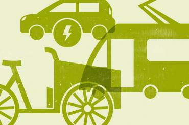 Illustration: Lastenrad, Zug mit Stromabnehmer und ein Auto mit Stromsymbol, grafisch-flächig dargestellt
